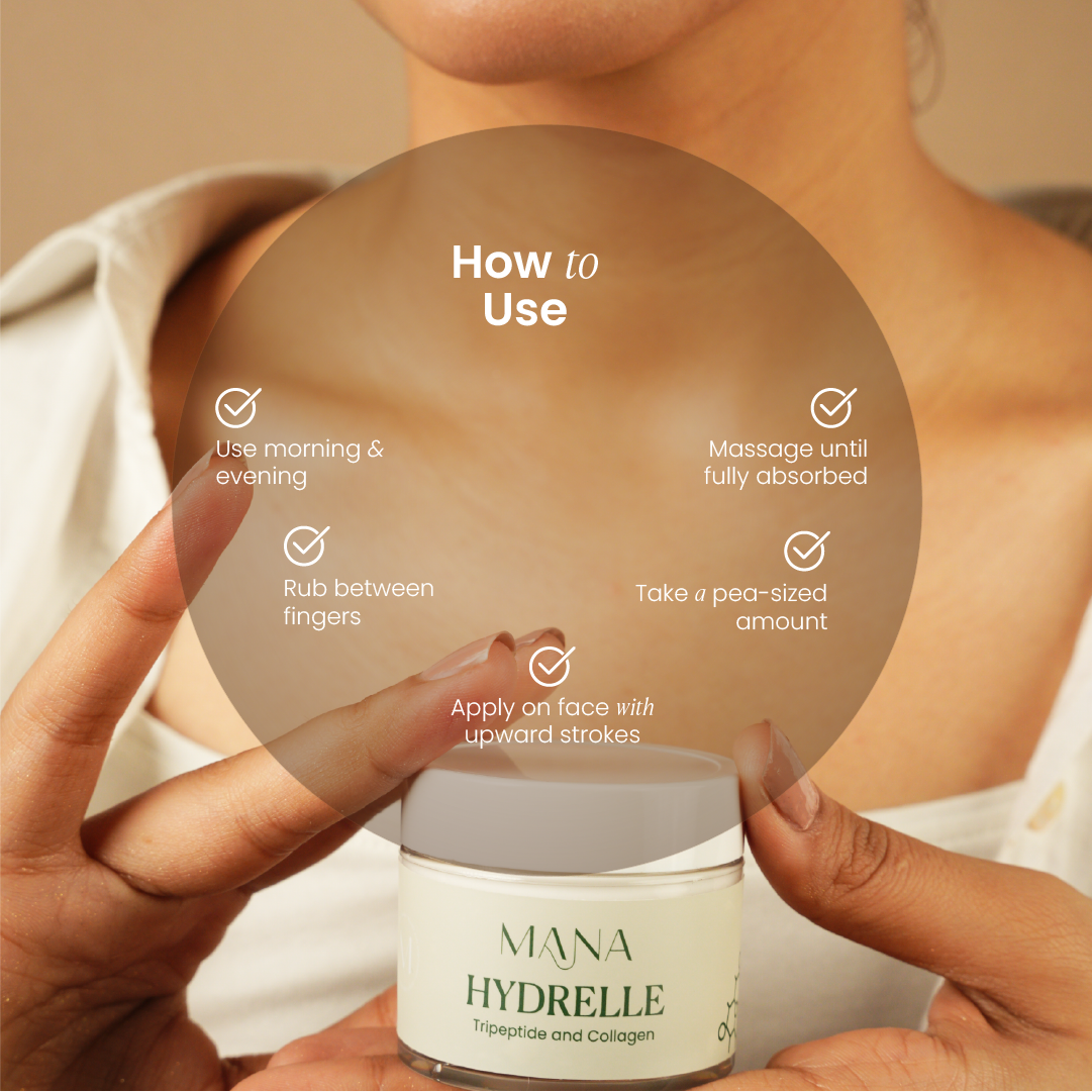 Man holding a jar of 'Mana Hydrelle' cream with instructions on how to use it.