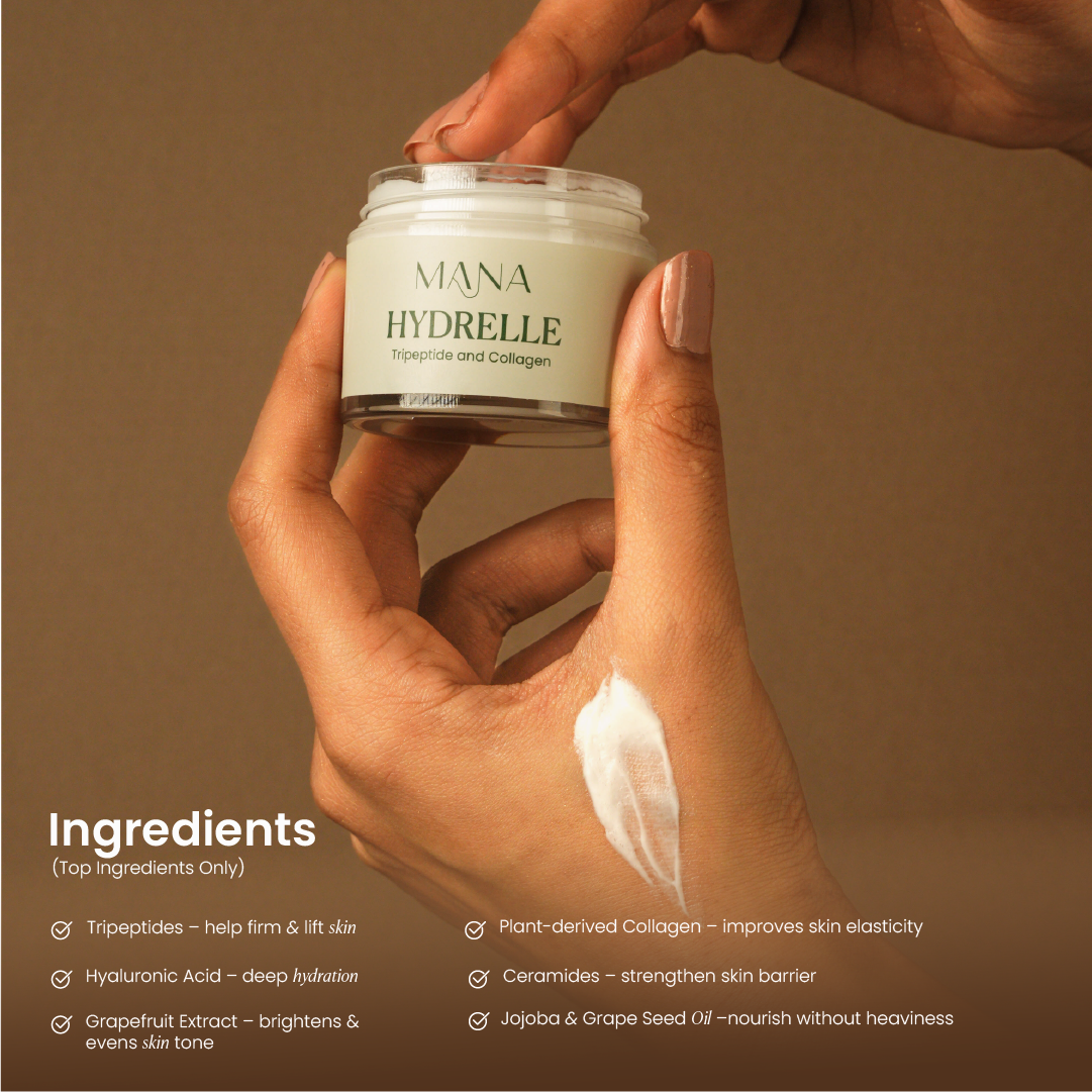 Hand holding a jar of 'Mana Hydrelle' cream with visible cream on the wrist.
